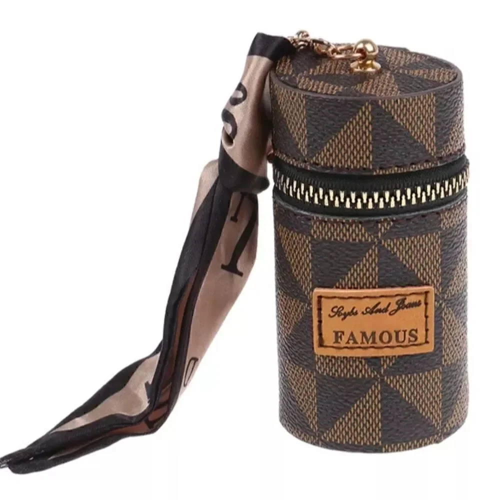 New Luxurious Lipstick Organizer/Coin Purse Keychain Brown Checkered Geo…